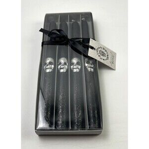 Mortar & Bone Black/Silver Glittered Tapered Candles With Silver Skulls